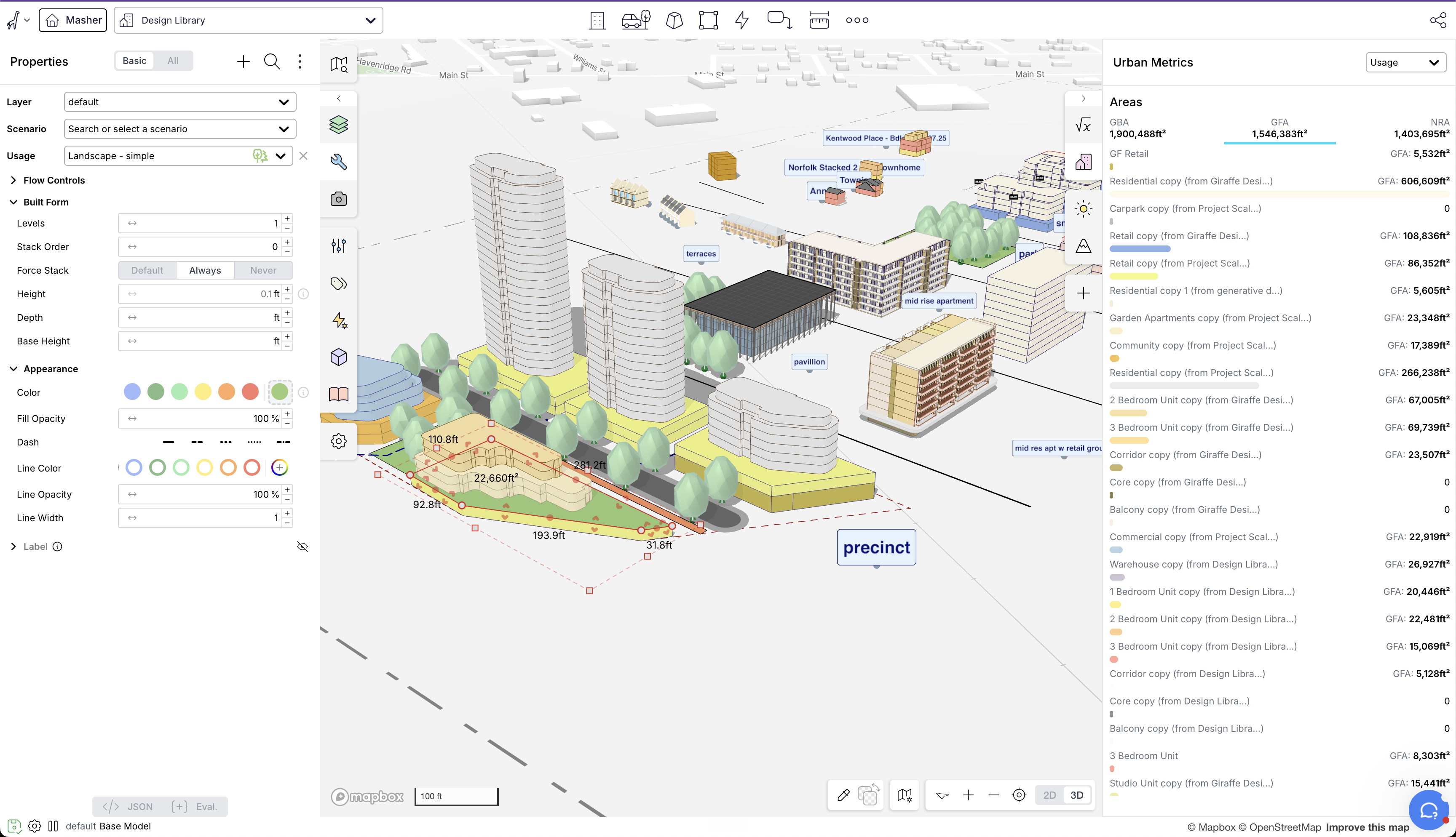 Giraffe urban design app: a 3D masterplan on a map with a properties panel and live urban metrics