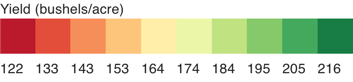 Legend: yield in bushels per acre, 122 to 216, red to green