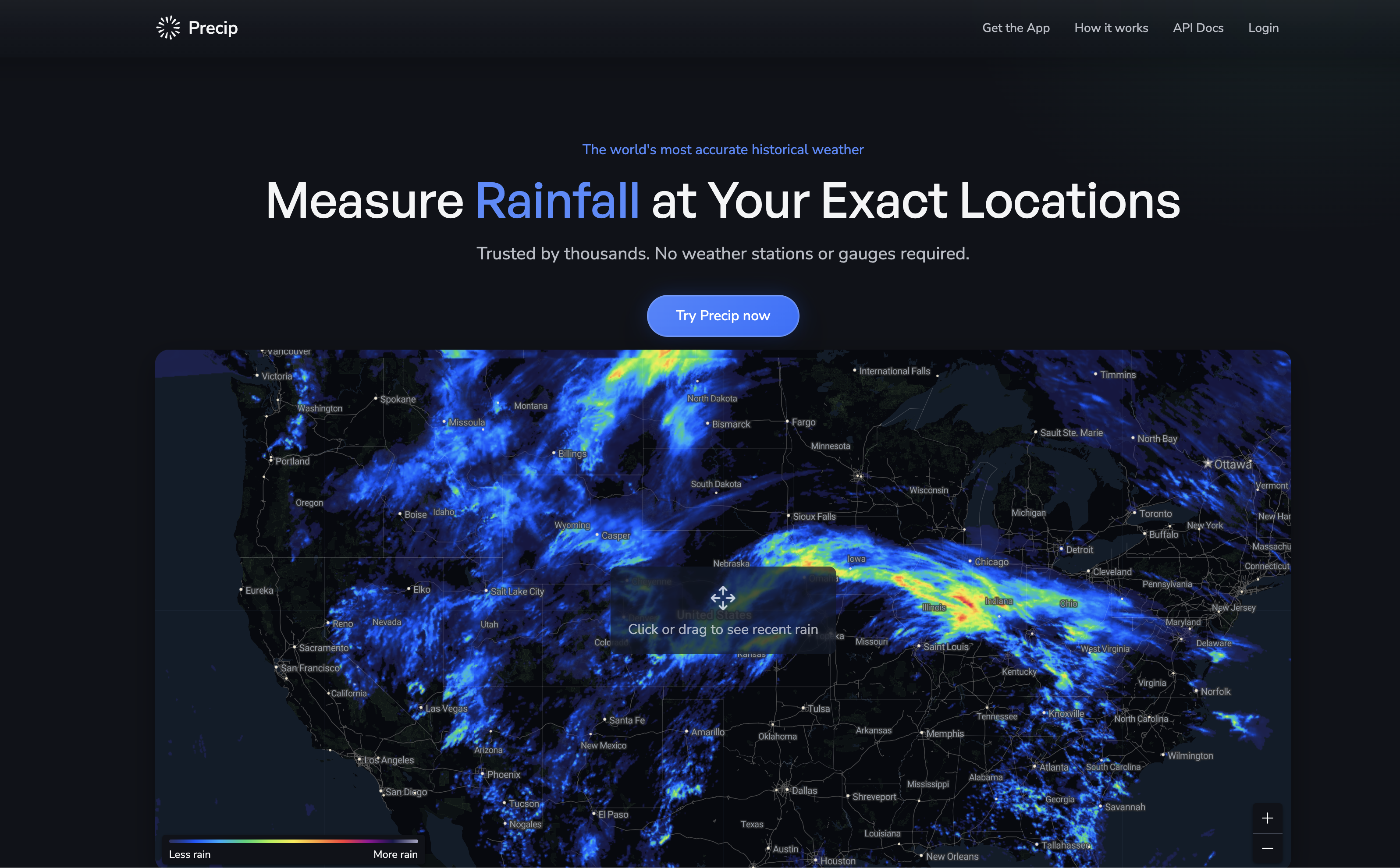 Precip web app showing a continental radar rainfall map of the United States